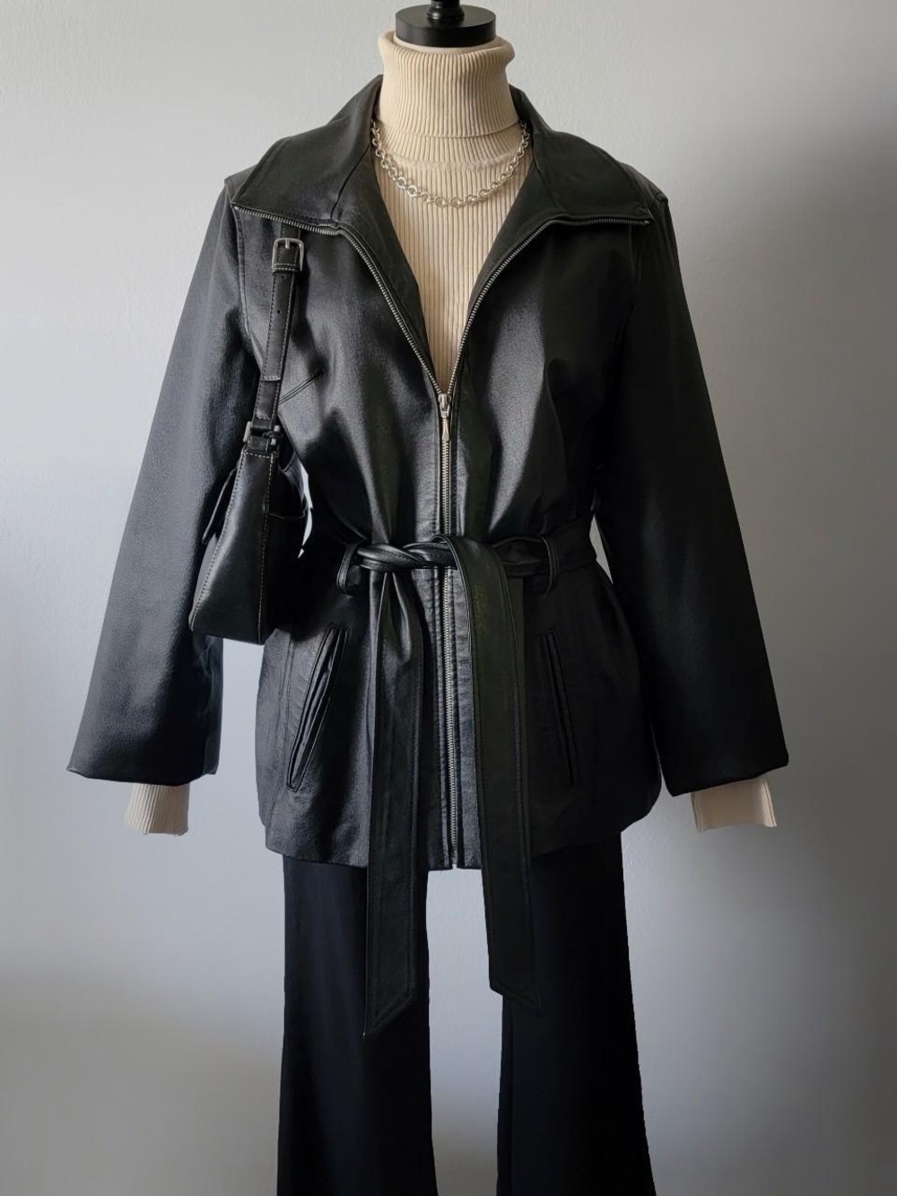 vintage black zipper belted leather jacket